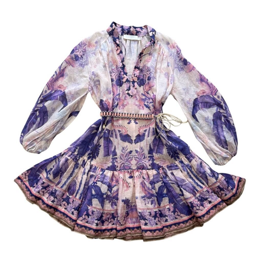 ZIMMERMANN Purple Palm Lyre Billow Mini Dress Size 0 / US Small - Picture 3 of 16